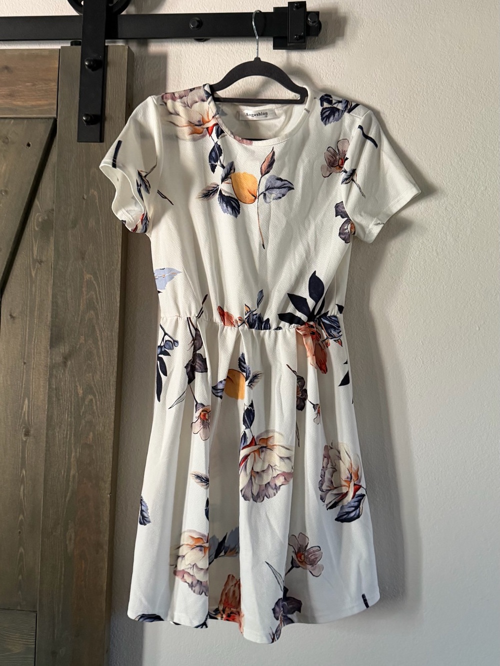 Floral Fit & Flare Short Sleeve Dress - White with Navy & Peach Floral
